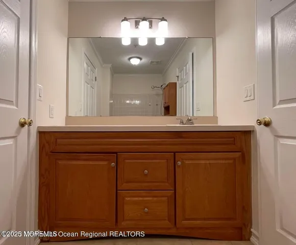 a bathroom with a sink vanity and a mirror