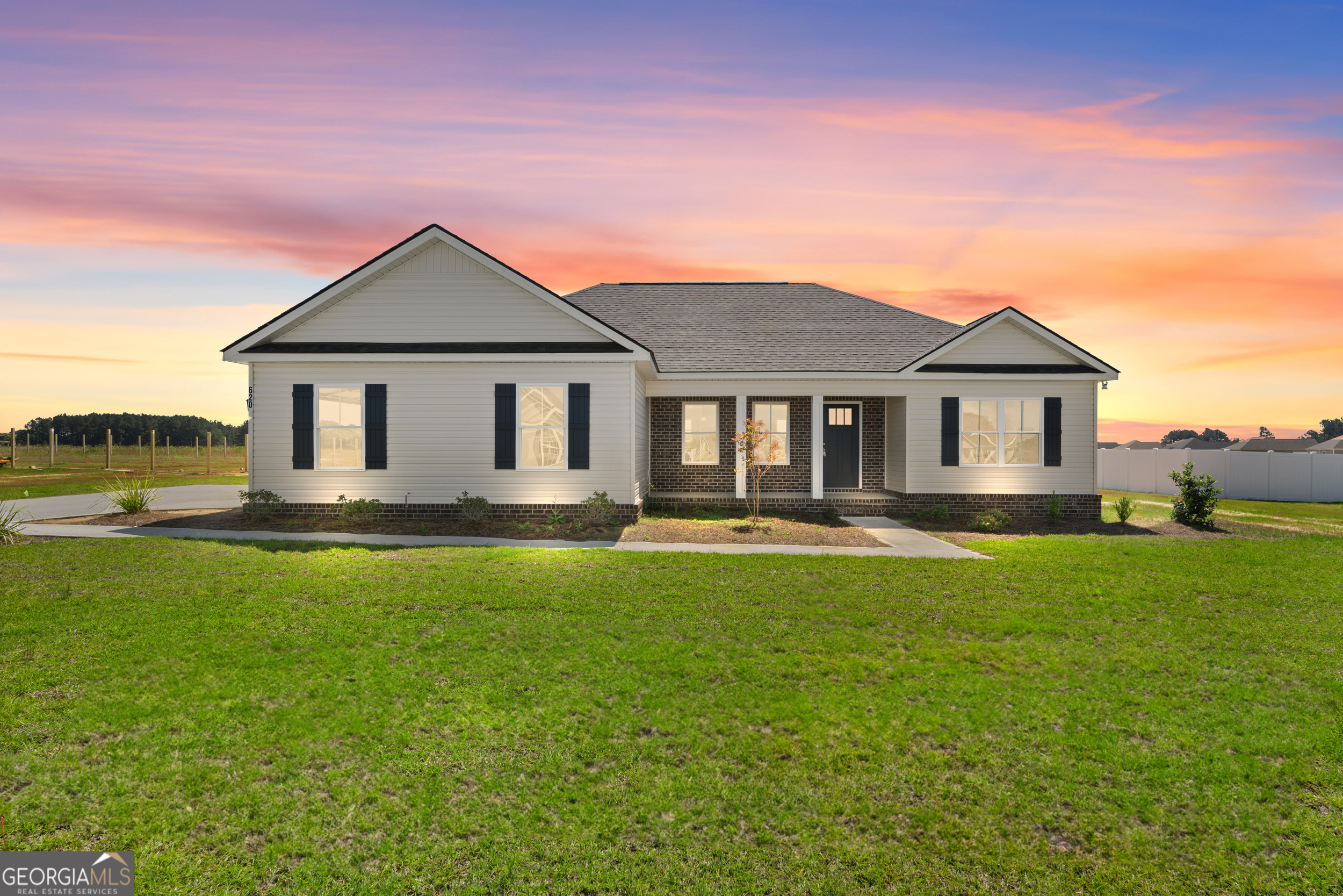 a front view of house with yard and green space