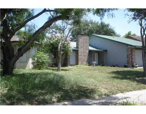 a backyard of a house with plants and large trees