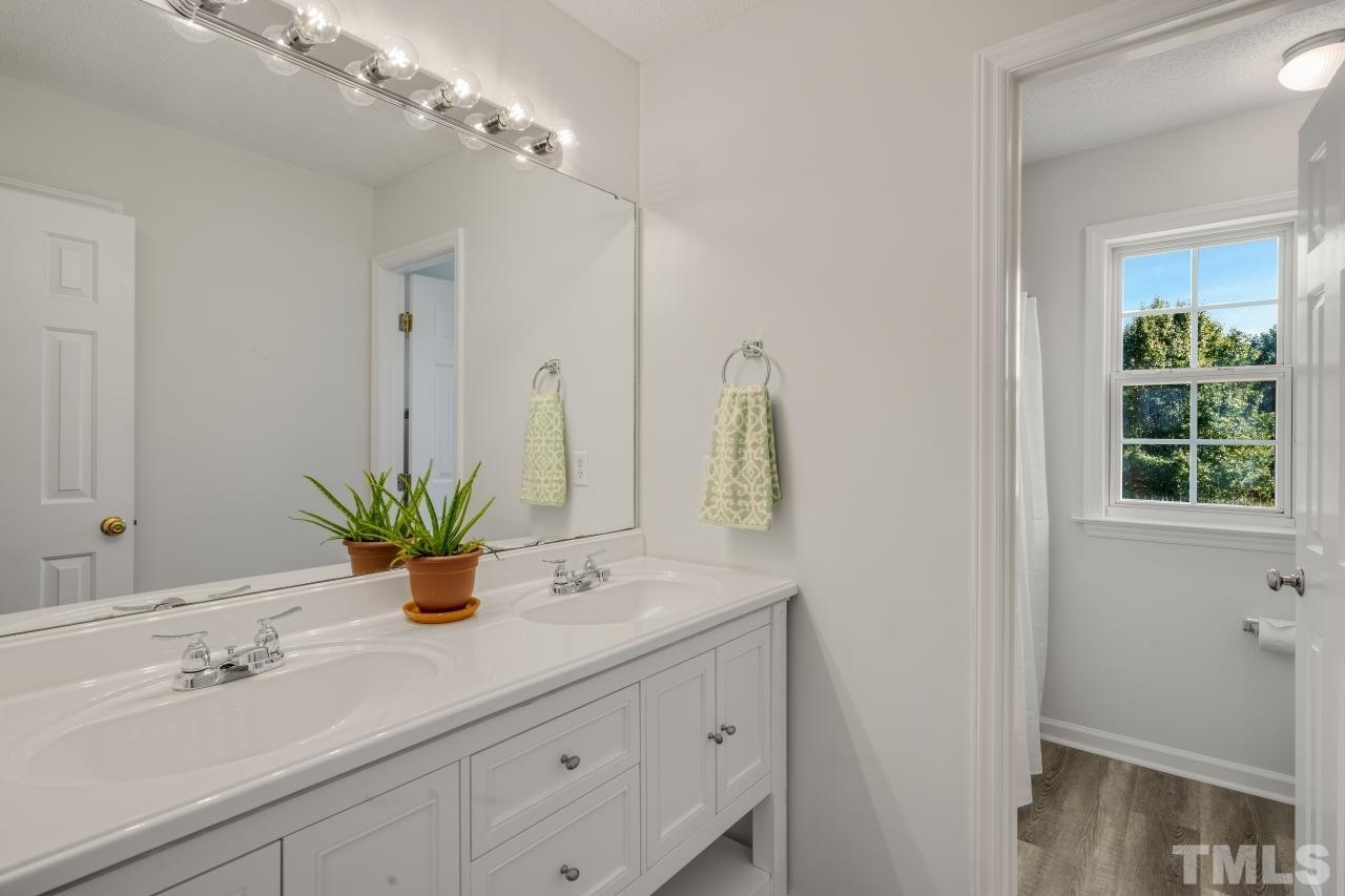 704 Rudy Drive Clayton, NC 27520 - Photo 14 of 30 a bathroom with a sink a mirror and a potted plant