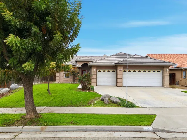 a view of a house with a yard and large tree
