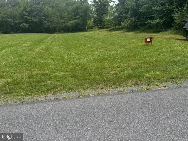 a view of a field with trees in background