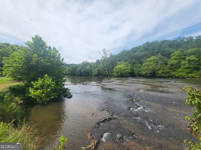 a view of a field with trees in the background