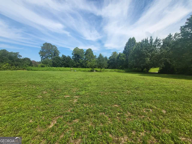 a view of a field with trees in the background