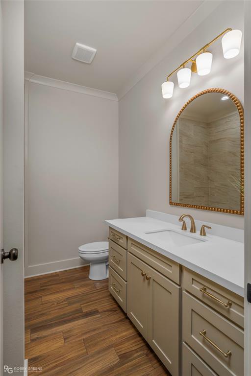 219 Marble Place Haughton, LA 71037 - Photo 28 of 29 Bathroom featuring a single vanity with a white countertop, gold-toned faucet, and coordinating hardware