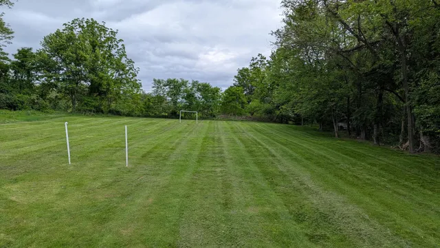a view of a field with trees in the background