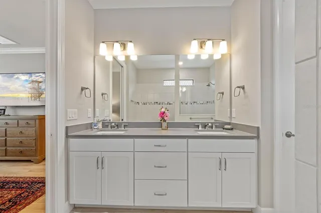 a bathroom with a sink and a mirror