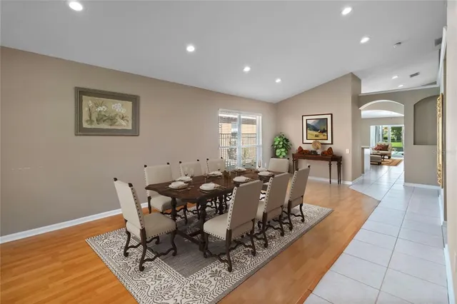 a view of a dining room with furniture