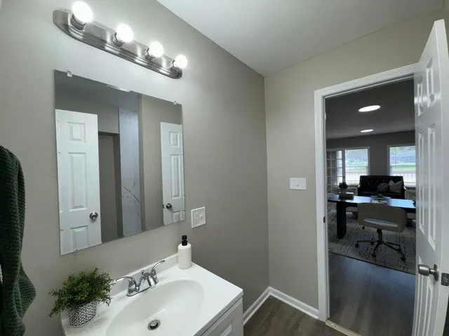 a bathroom with a sink and a mirror