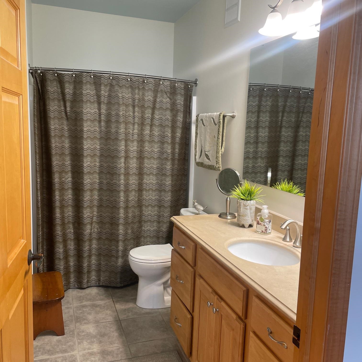 6030 East Superior Street, Unit 309 Duluth, MN 55804 - Photo 14 of 16 Bathroom with a shower with curtain, vanity, and dark tile patterned flooring
