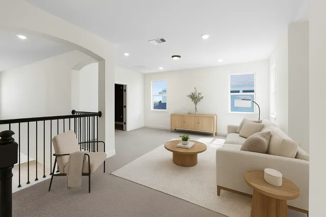 a living room with furniture and a potted plant