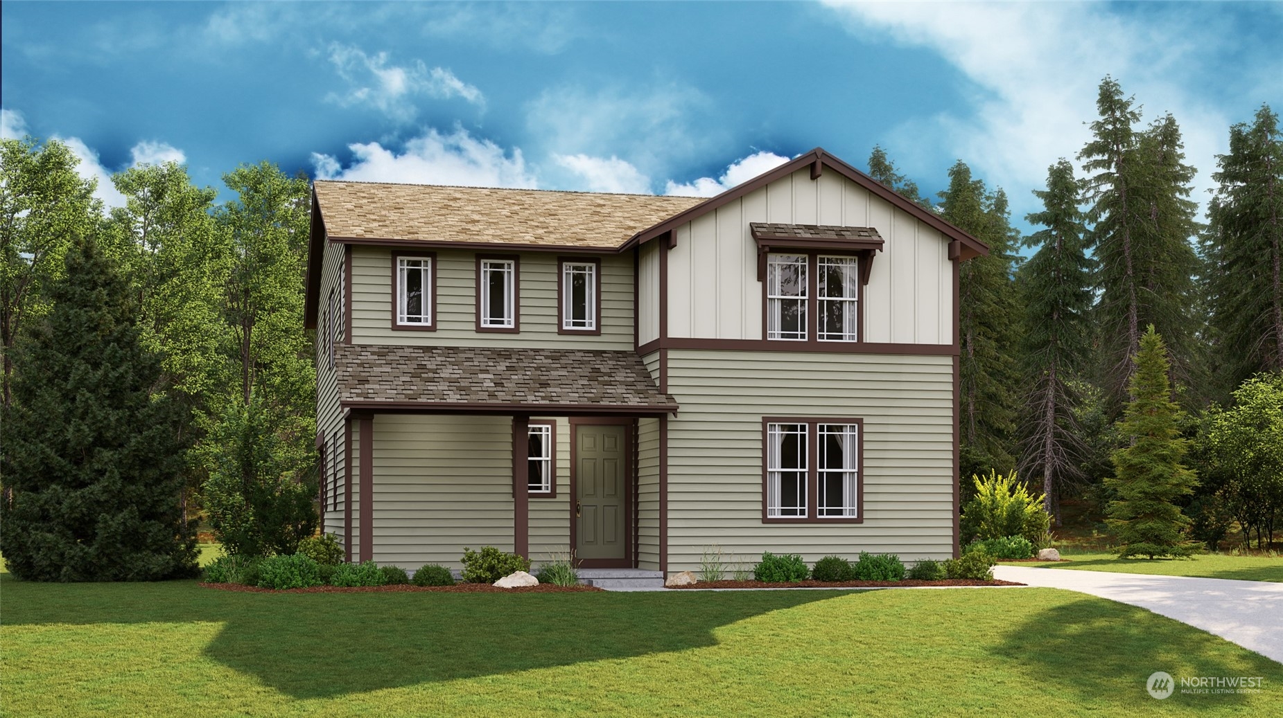 a front view of a house with a yard and trees