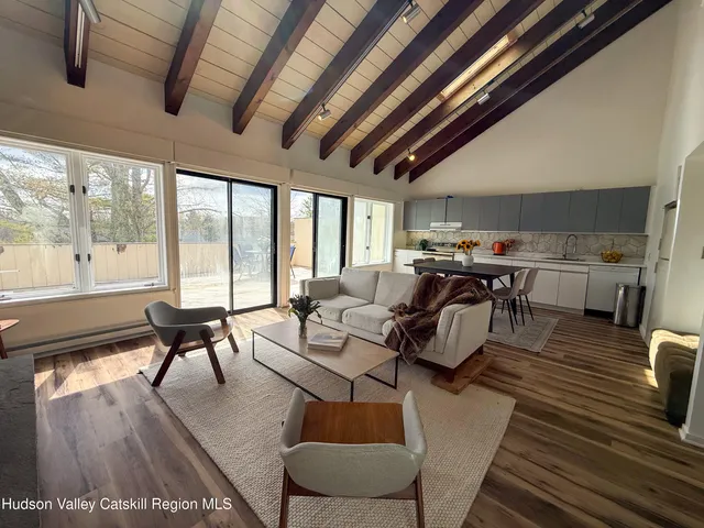 a living room with lots of furniture wooden floor and large windows
