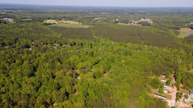 an aerial view of residential houses with outdoor space and trees