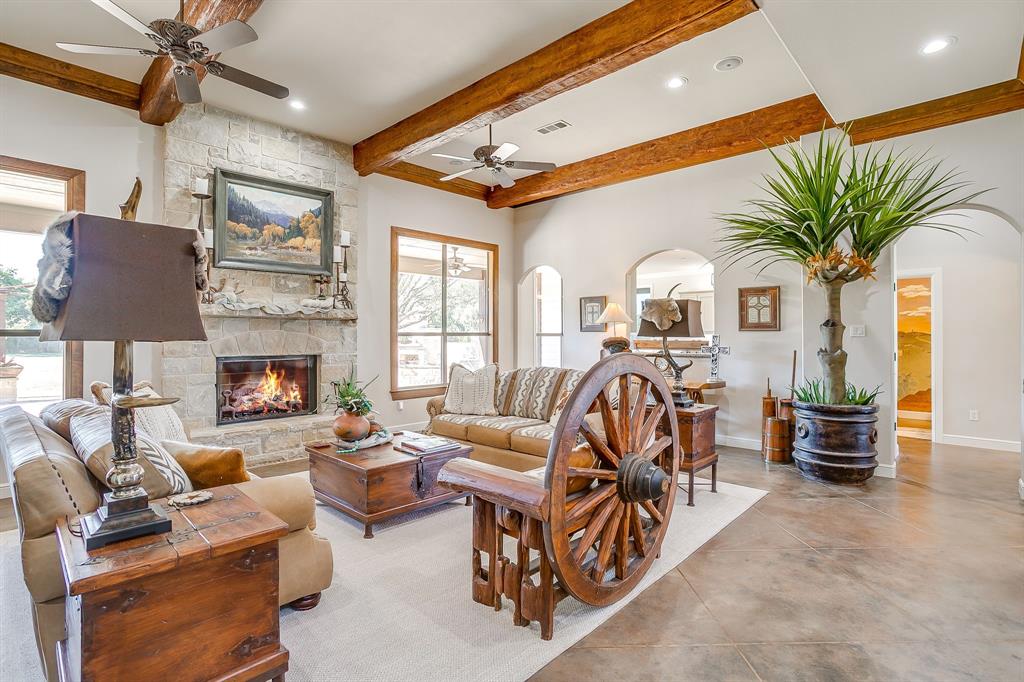 4991 Old Millsap Road Millsap, TX 76066 - Photo 6 of 40 a living room with furniture a fireplace and a flat screen tv