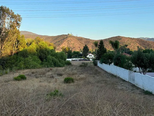 a view of a dry yard with mountains in the background