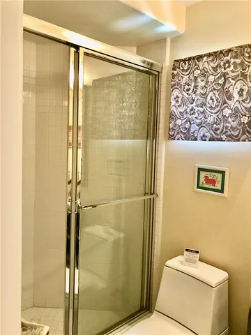 a bathroom with a shower and a toilet