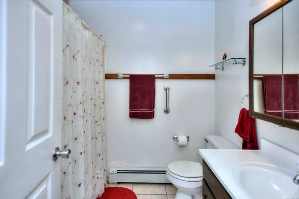 a bathroom with a sink a toilet and shower curtain