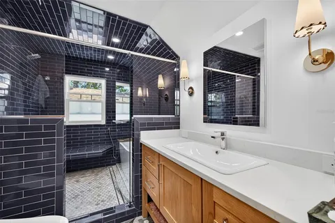 a bathroom with a sink and a shower