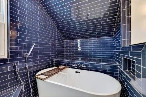 a bathroom with a bathtub
