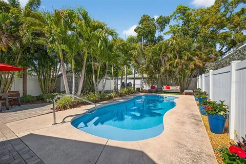 a view of a swimming pool with potted plants