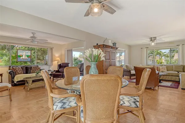 a view of a dining room with furniture