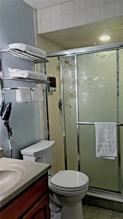 a bathroom with a sink mirror vanity and toilet