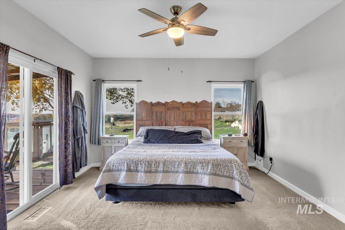 23919 Tyler Lane Middleton, ID 83644 - Photo 13 of 48 Bedroom featuring light carpet, access to outside, and a ceiling fan
