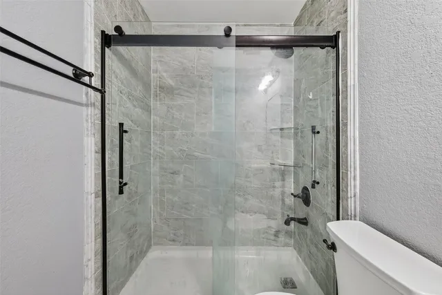 a bathroom with a shower and a toilet