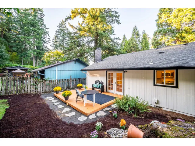 a view of a house with backyard and sitting area
