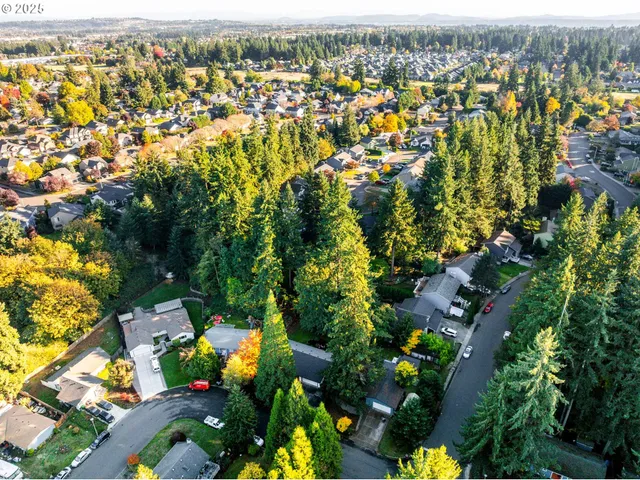 an aerial view of residential houses with outdoor space and trees