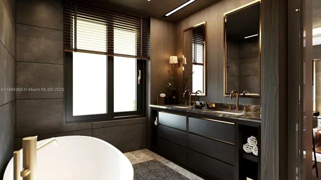a bathroom with a double vanity sink and mirror