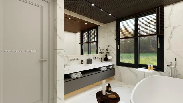 a dining room with furniture and a potted plant