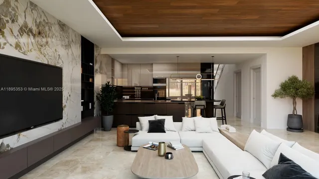 a living room with furniture kitchen view and large window