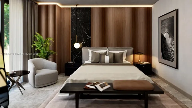 a bedroom with furniture and a potted plant