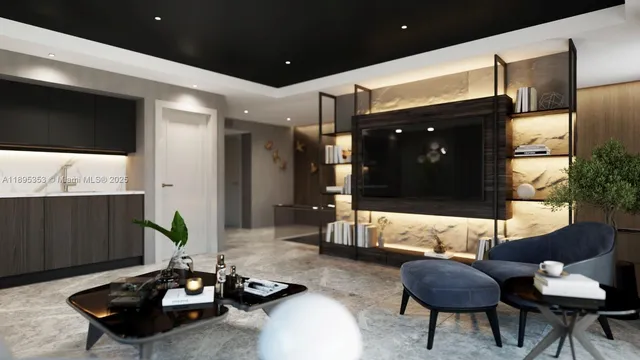 a living room with furniture and a lamp