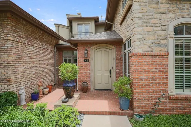 a view of a yard with potted plants