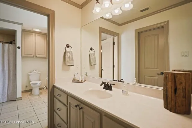 a bathroom with a double vanity sink mirror and toilet