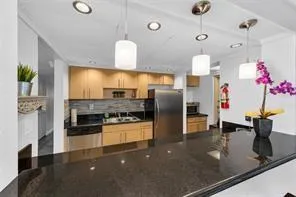 a view of a lake with a patio