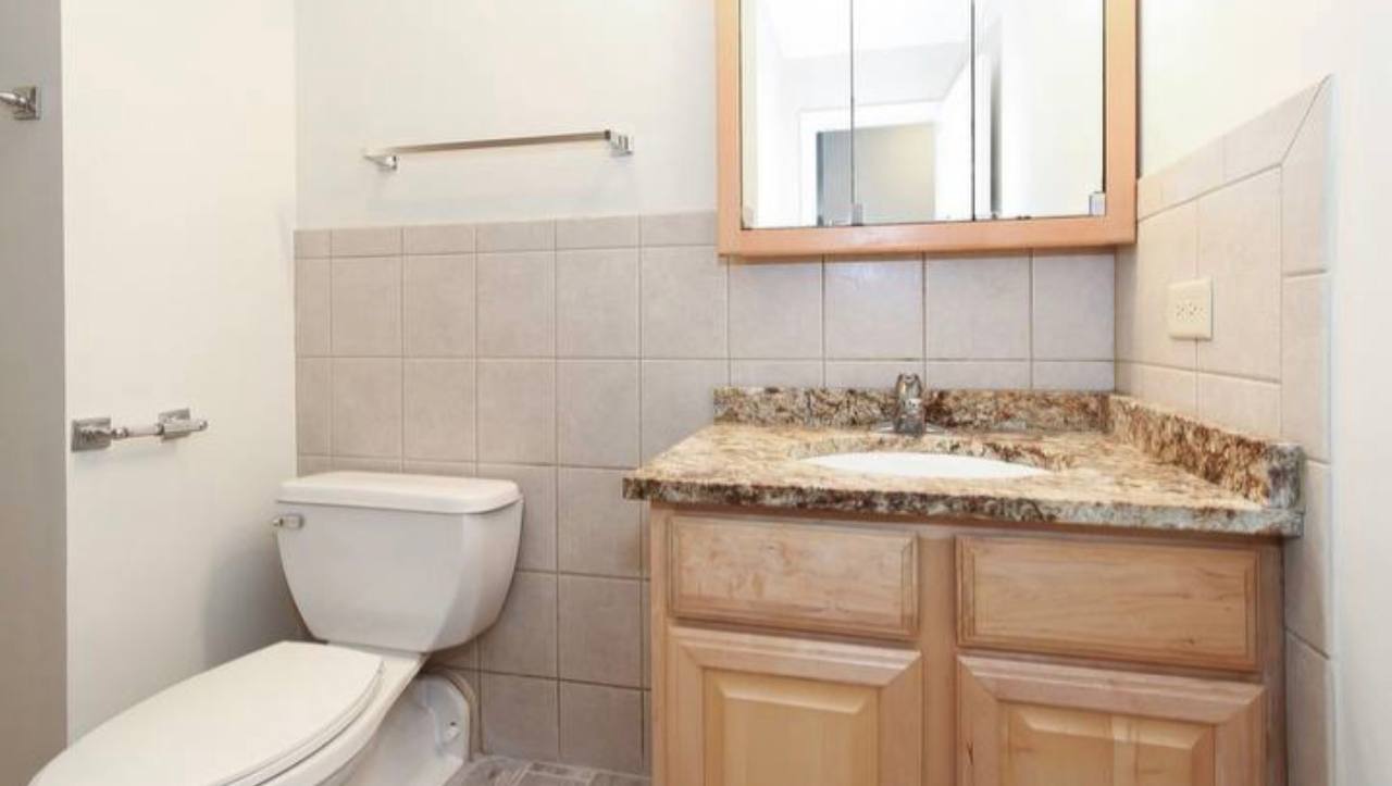 677 South River Road, Unit 2H Des Plaines, IL 60016 - Photo 11 of 15 a bathroom with a granite countertop toilet sink and mirror