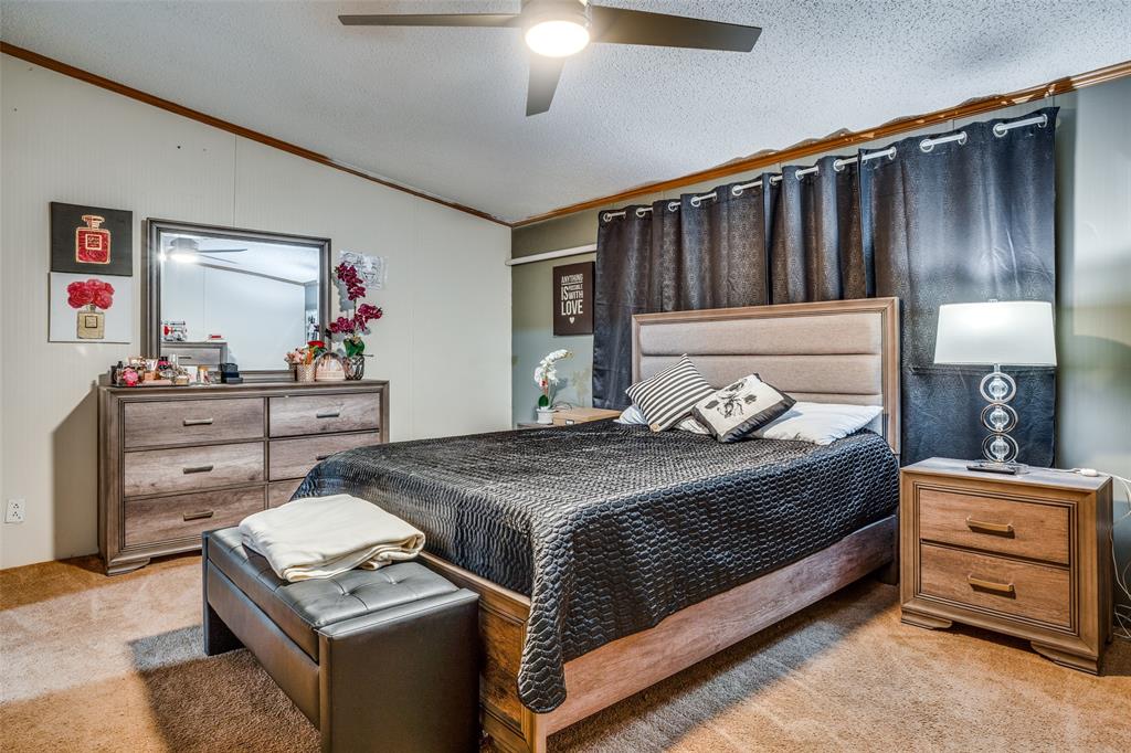 458 County Road 2131 Valley View, TX 76272 - Photo 8 of 13 Primary bedroom with spacious layout, large window for natural light, carpeted flooring, and a ceiling fan for comfort