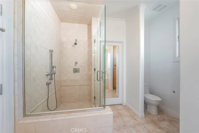 a bathroom with a shower and toilet