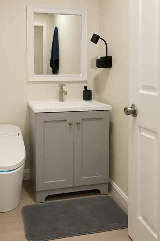 a bathroom with a sink a toilet and mirror