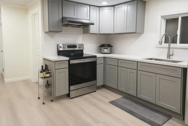a kitchen with cabinets and appliances