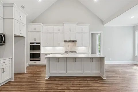 a kitchen with kitchen island cabinets and oven