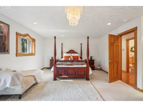 a bedroom with furniture and a chandelier