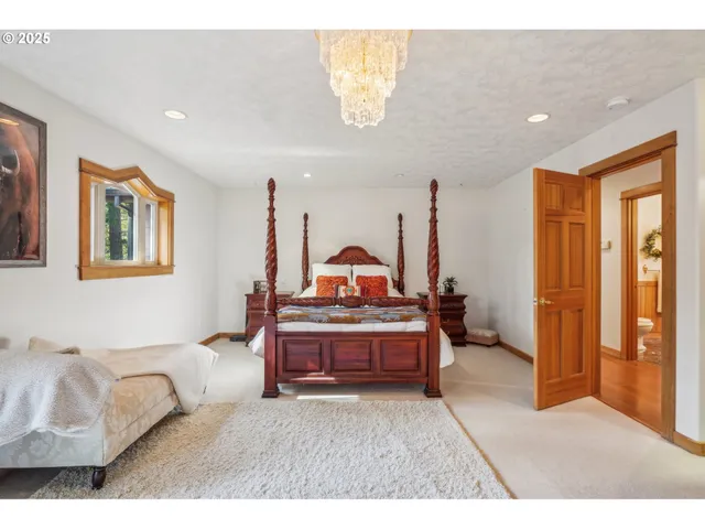a bedroom with furniture and a chandelier