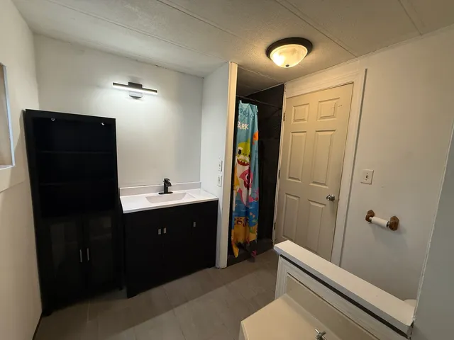 a bathroom with a sink toilet and shower