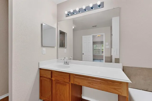a bathroom with a sink vanity and a mirror