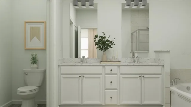 a bathroom with a granite countertop toilet sink and mirror